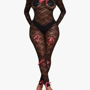 (NEW w/tags) Black Lace Bodysuit with Pink ribbon accents